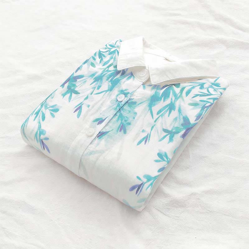 Koszula damska z długim rękawem z bawełny "Buddha Stones Fall White Green Grass Buttons" - image 6