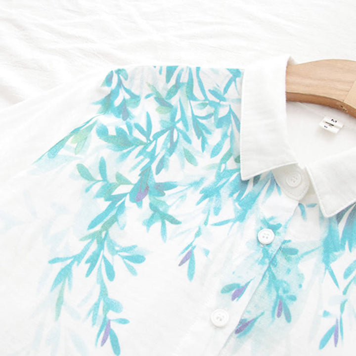 Koszula damska z długim rękawem z bawełny "Buddha Stones Fall White Green Grass Buttons" - image 8