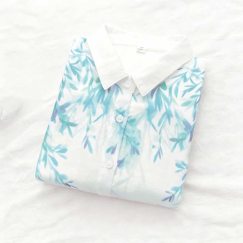 Koszula damska z długim rękawem z bawełny "Buddha Stones Fall White Green Grass Buttons" - image 3