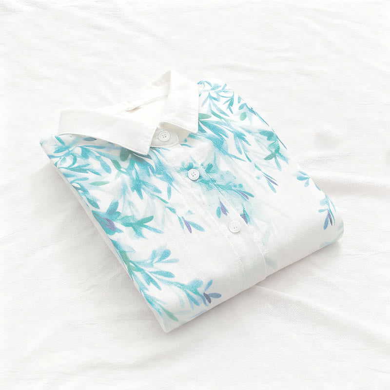 Koszula damska z długim rękawem z bawełny "Buddha Stones Fall White Green Grass Buttons" - image 5