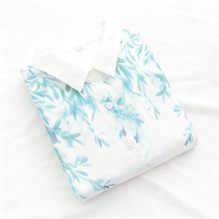 Koszula damska z długim rękawem z bawełny "Buddha Stones Fall White Green Grass Buttons" - image 4