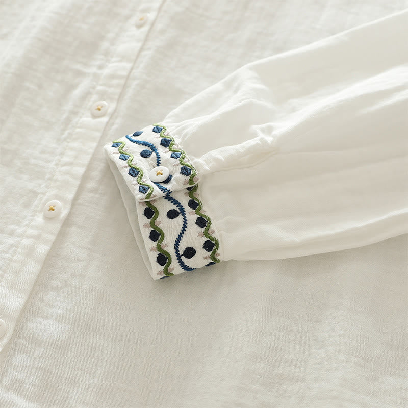 Koszula damska z długim rękawem z bawełny z haftowanymi guzikami w kształcie Buddha Stones w kolorze białym i geometrycznym - image 8