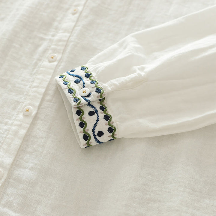 Koszula damska z długim rękawem z bawełny z haftowanymi guzikami w kształcie Buddha Stones w kolorze białym i geometrycznym - image 8