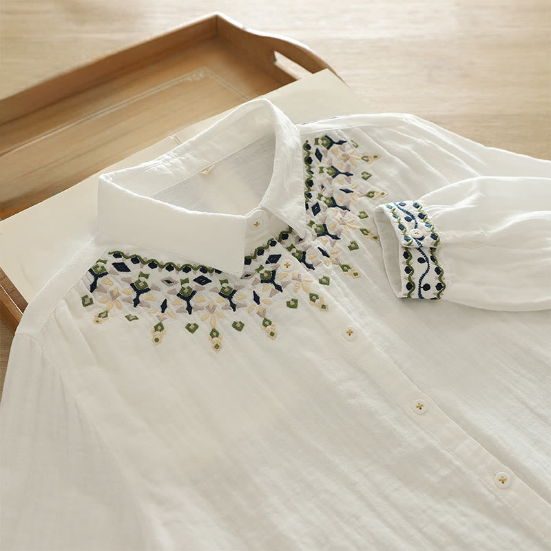 Koszula damska z długim rękawem z bawełny z haftowanymi guzikami w kształcie Buddha Stones w kolorze białym i geometrycznym - Biały - US4, UK/AU8, EU36 (L) - image 0