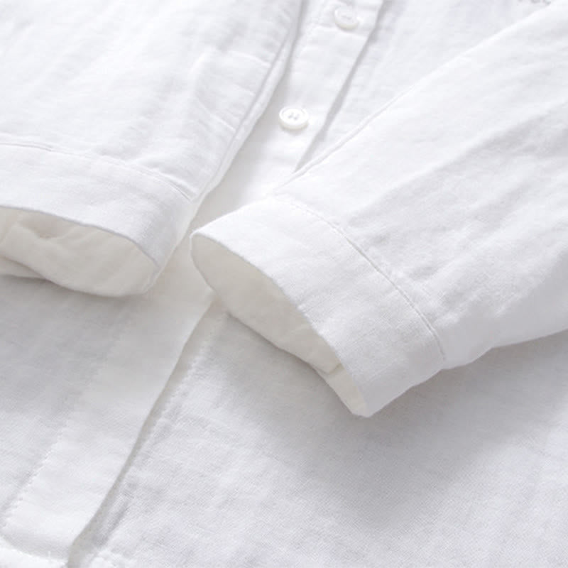 Koszula damska z długim rękawem z bawełny z haftem w geometryczne paski z motywem kamieni Buddha Stones w kolorze białym i kwiatowym - image 7