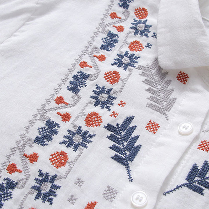 Koszula damska z długim rękawem z bawełny z haftem w geometryczne paski z motywem kamieni Buddha Stones w kolorze białym i kwiatowym - image 4