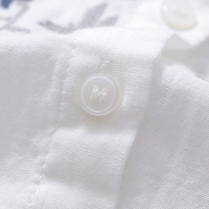 Koszula damska z długim rękawem z bawełny z haftem w geometryczne paski z motywem kamieni Buddha Stones w kolorze białym i kwiatowym - image 6