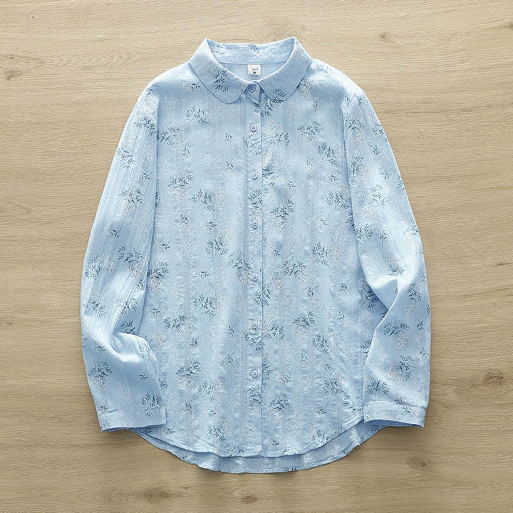 Koszula damska z długim rękawem z bawełny z długimi, białymi i żółtymi kwiatami w kształcie Buddha Stones - LightSkyBlue - US6, UK/AU10, EU38 (XL) - image 12