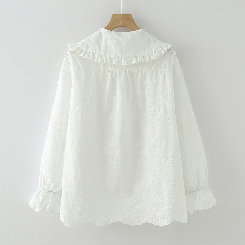 Koszula damska z długim rękawem z bawełny z długim rękawem i kołnierzykiem Piotrusia Pana w kolorze białym z haftowanymi kwiatami i motywem Buddha Stones - image 3