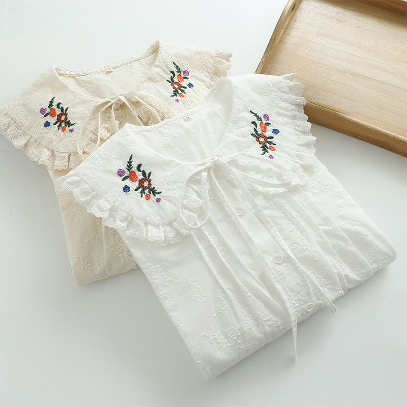 Koszula damska z długim rękawem z bawełny z długim rękawem i kołnierzykiem Piotrusia Pana w kolorze białym z haftowanymi kwiatami i motywem Buddha Stones - image 10