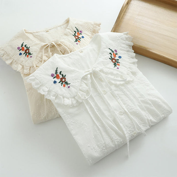 Koszula damska z długim rękawem z bawełny z długim rękawem i kołnierzykiem Piotrusia Pana w kolorze białym z haftowanymi kwiatami i motywem Buddha Stones - image 10