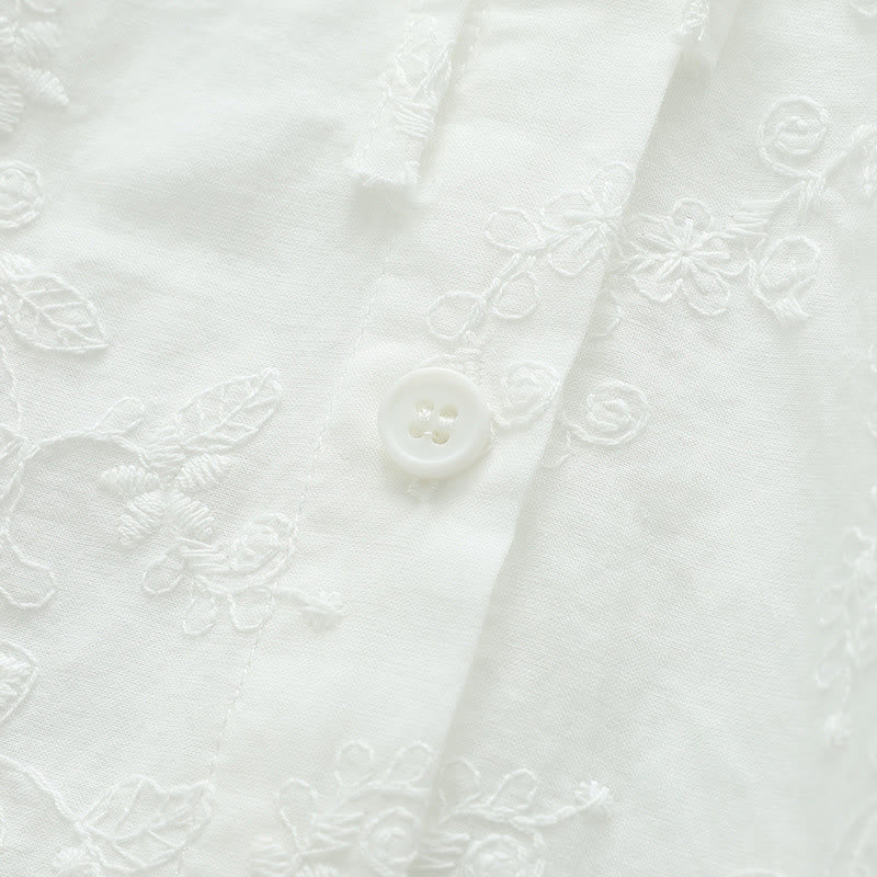 Koszula damska z długim rękawem z bawełny z długim rękawem i kołnierzykiem Piotrusia Pana w kolorze białym z haftowanymi kwiatami i motywem Buddha Stones - image 7