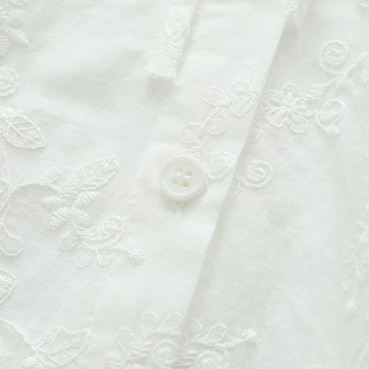 Koszula damska z długim rękawem z bawełny z długim rękawem i kołnierzykiem Piotrusia Pana w kolorze białym z haftowanymi kwiatami i motywem Buddha Stones - image 7
