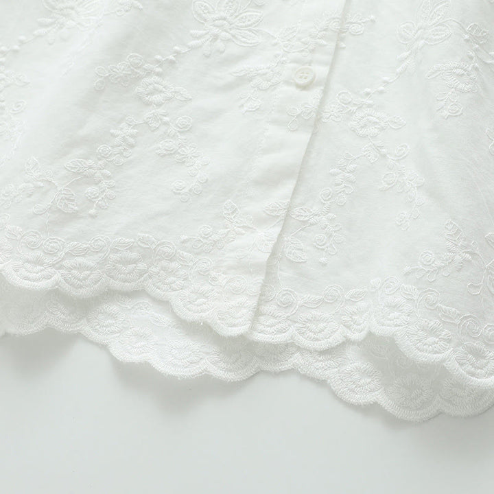 Koszula damska z długim rękawem z bawełny z długim rękawem i kołnierzykiem Piotrusia Pana w kolorze białym z haftowanymi kwiatami i motywem Buddha Stones - image 8