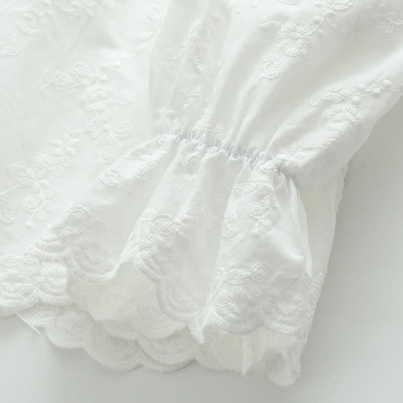 Koszula damska z długim rękawem z bawełny z długim rękawem i kołnierzykiem Piotrusia Pana w kolorze białym z haftowanymi kwiatami i motywem Buddha Stones - image 9