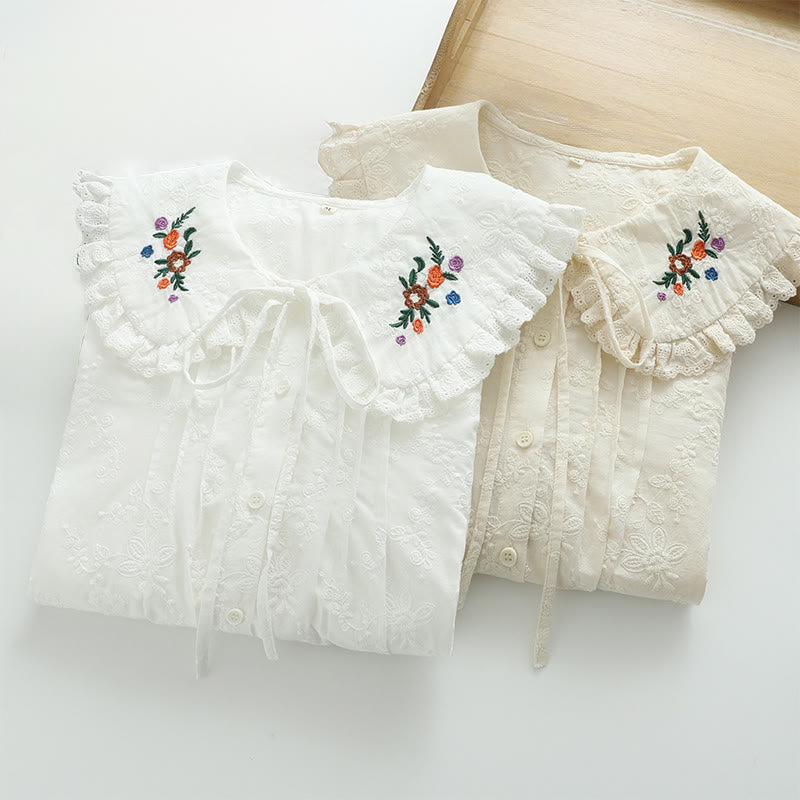 Koszula damska z długim rękawem z bawełny z długim rękawem i kołnierzykiem Piotrusia Pana w kolorze białym z haftowanymi kwiatami i motywem Buddha Stones - image 11