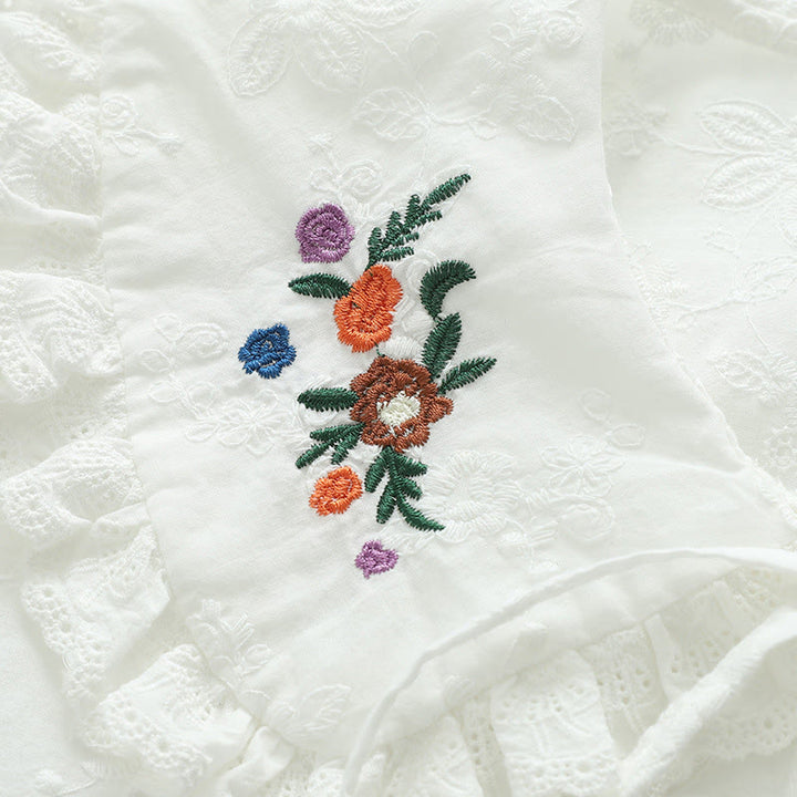 Koszula damska z długim rękawem z bawełny z długim rękawem i kołnierzykiem Piotrusia Pana w kolorze białym z haftowanymi kwiatami i motywem Buddha Stones - image 6