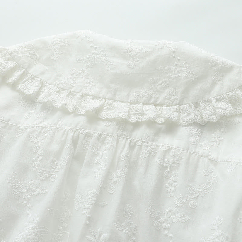 Koszula damska z długim rękawem z bawełny z długim rękawem i kołnierzykiem Piotrusia Pana w kolorze białym z haftowanymi kwiatami i motywem Buddha Stones - image 5