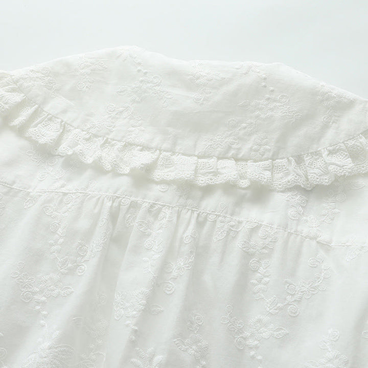 Koszula damska z długim rękawem z bawełny z długim rękawem i kołnierzykiem Piotrusia Pana w kolorze białym z haftowanymi kwiatami i motywem Buddha Stones - image 5