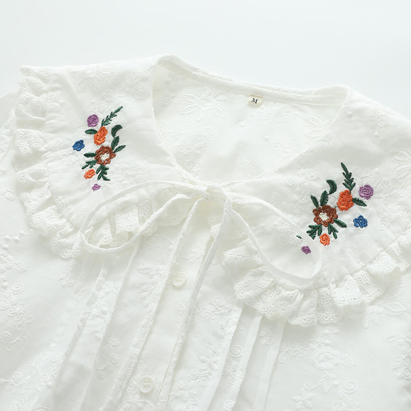 Koszula damska z długim rękawem z bawełny z długim rękawem i kołnierzykiem Piotrusia Pana w kolorze białym z haftowanymi kwiatami i motywem Buddha Stones - image 4