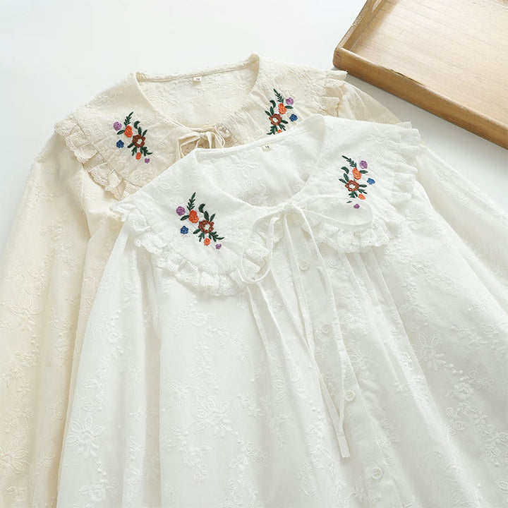 Koszula damska z długim rękawem z bawełny z długim rękawem i kołnierzykiem Piotrusia Pana w kolorze białym z haftowanymi kwiatami i motywem Buddha Stones - image 12