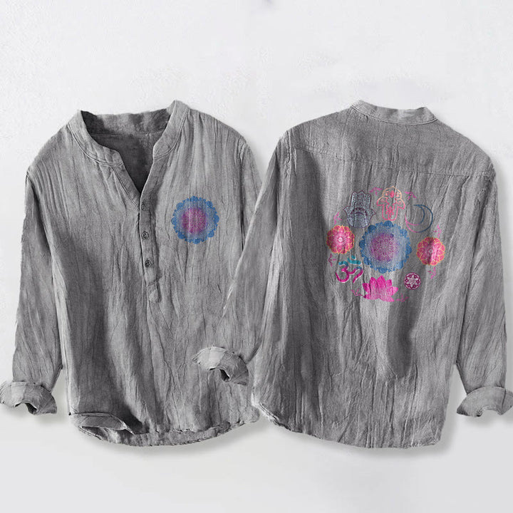 Koszula męska z długim rękawem z bawełny i lnu, z Buddha Stones, mandalą, lotosem i dłońmi Hamsy, zapinana na pół guziki - Szary - US/UK/AU50, EU60 (5XL) - image 6
