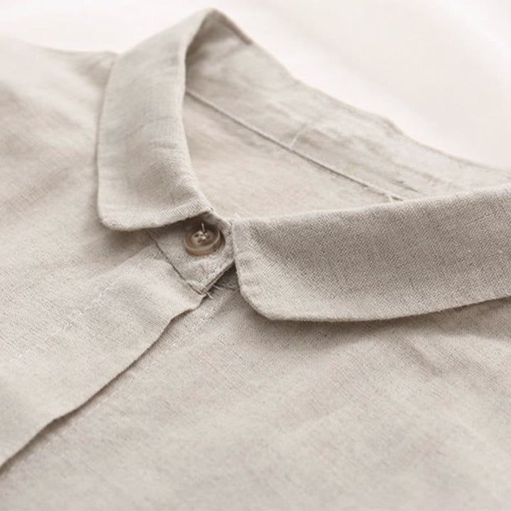 Koszula damska z długim rękawem z bawełny z haftowanymi guzikami i kwiatowymi motywami trawy w kolorze beżowym z Buddha Stones - image 3