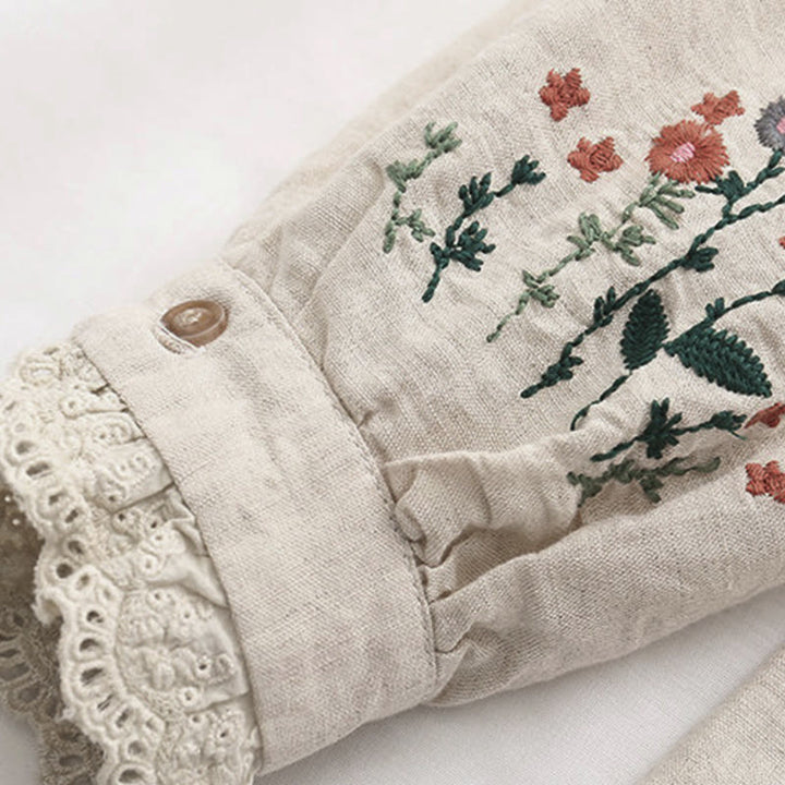 Koszula damska z długim rękawem z bawełny z haftowanymi guzikami i kwiatowymi motywami trawy w kolorze beżowym z Buddha Stones - image 6