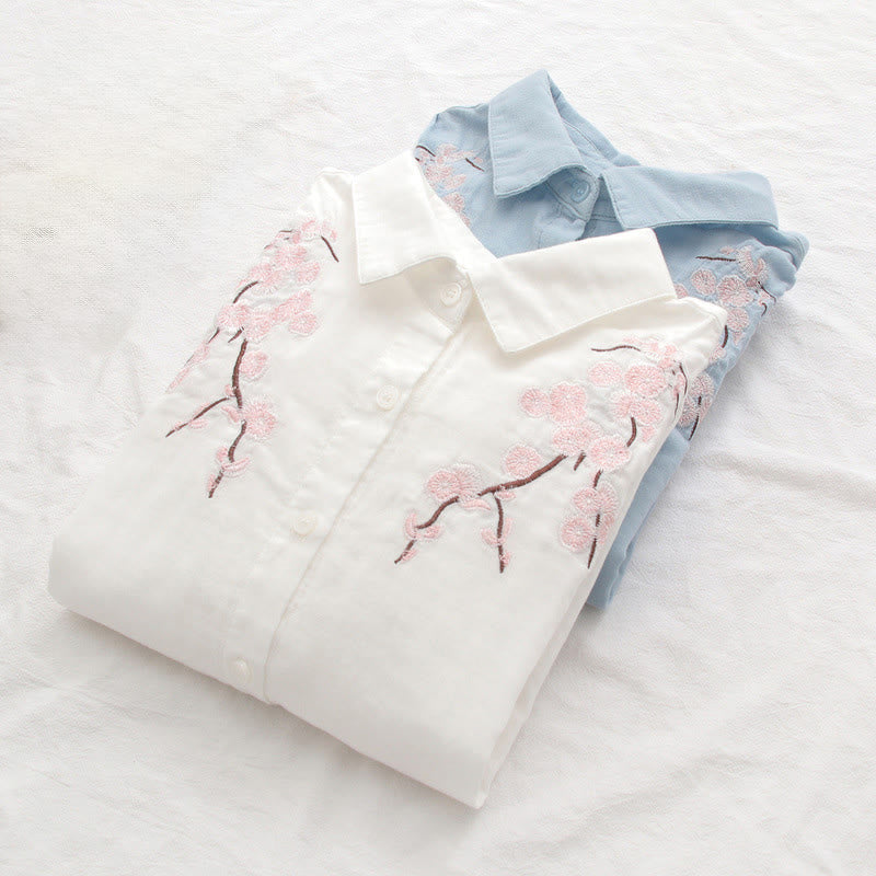 Koszula damska z długim rękawem z bawełny z haftowanymi guzikami i Buddha Stones w kolorze różowym i kwiatami śliwki - image 15