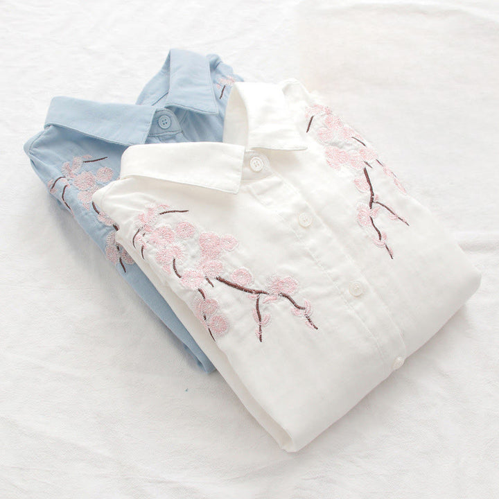 Koszula damska z długim rękawem z bawełny z haftowanymi guzikami i Buddha Stones w kolorze różowym i kwiatami śliwki - image 14