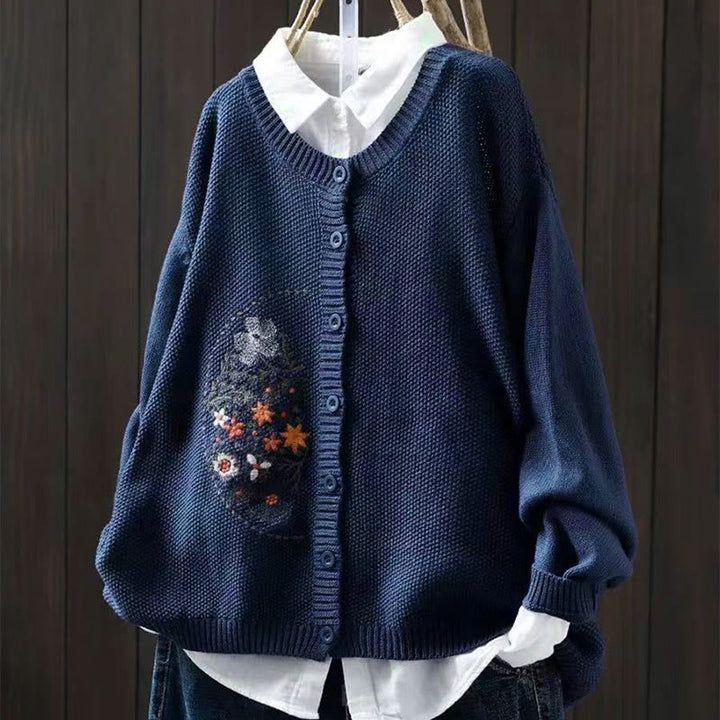 Sweter kardigan z długim rękawem i haftowanymi guzikami z motywem kamieni Buddha Stones damskiej - Stalowoniebieski - US4-6, UK/AU8-10, EU36-38 (F) - image 0
