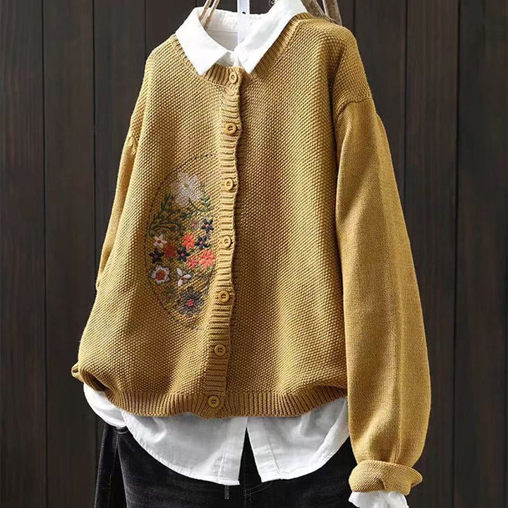 Sweter kardigan z długim rękawem i haftowanymi guzikami z motywem kamieni Buddha Stones damskiej - Złoto - US4-6, UK/AU8-10, EU36-38 (F) - image 2