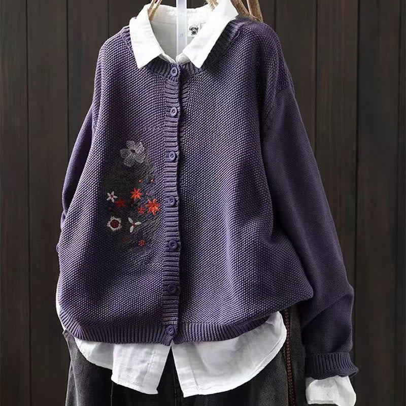 Sweter kardigan z długim rękawem i haftowanymi guzikami z motywem kamieni Buddha Stones damskiej - Ciemnofioletowy - US4-6, UK/AU8-10, EU36-38 (F) - image 4