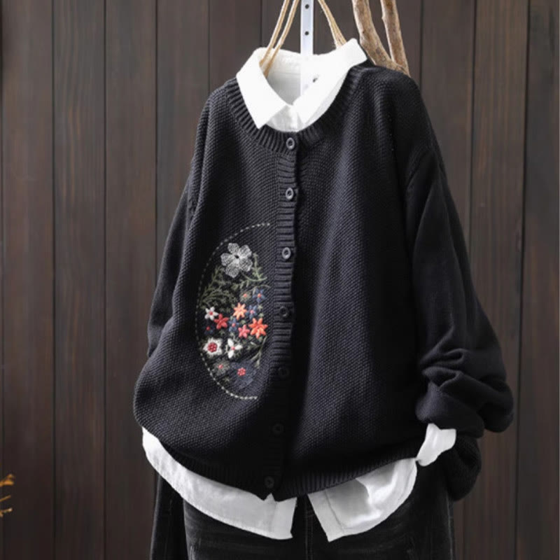 Sweter kardigan z długim rękawem i haftowanymi guzikami z motywem kamieni Buddha Stones damskiej - Czarny - US4-6, UK/AU8-10, EU36-38 (F) - image 24