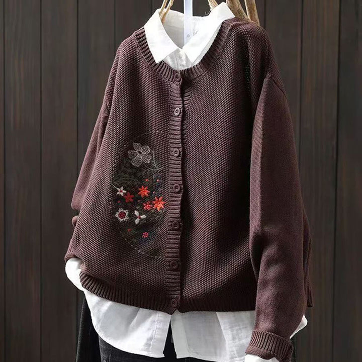 Sweter kardigan z długim rękawem i haftowanymi guzikami z motywem kamieni Buddha Stones damskiej - SaddleBrown - US4-6, UK/AU8-10, EU36-38 (F) - image 16