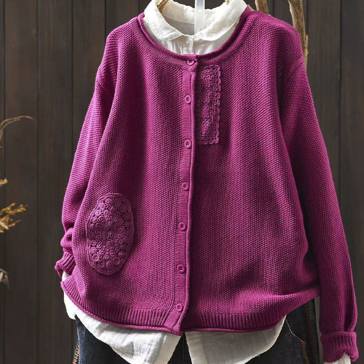 Sweter kardigan z długim rękawem i bawełny z motywem Buddha Stones, z kwiatowymi guzikami i długimi rękawami - Średniofioletowoczerwony - US4-6, UK/AU8-10, EU36-38 (F) - image 0