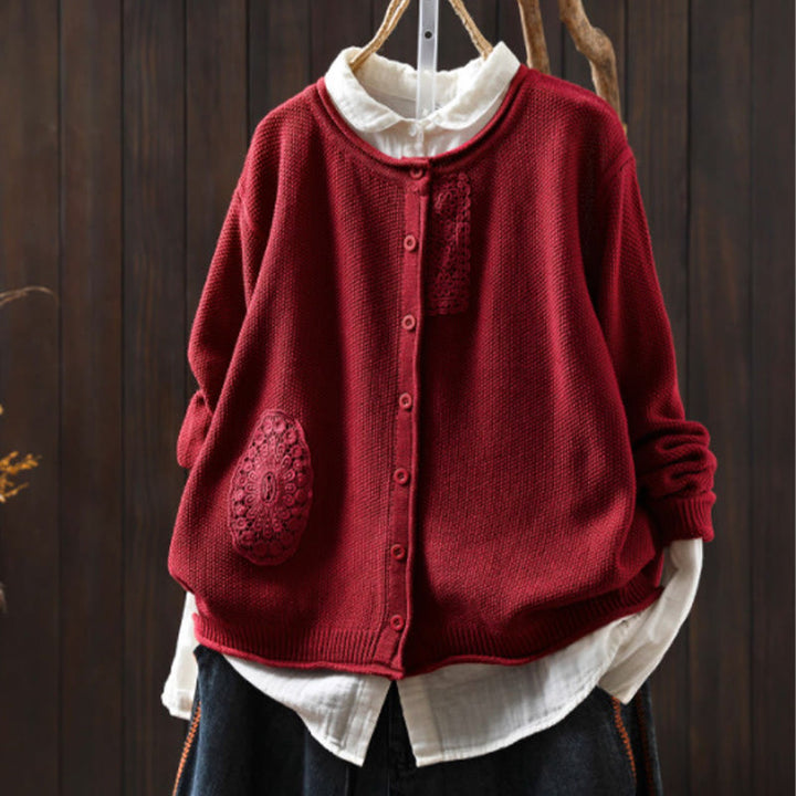 Sweter kardigan z długim rękawem i bawełny z motywem Buddha Stones, z kwiatowymi guzikami i długimi rękawami - Czerwony - US4-6, UK/AU8-10, EU36-38 (F) - image 16