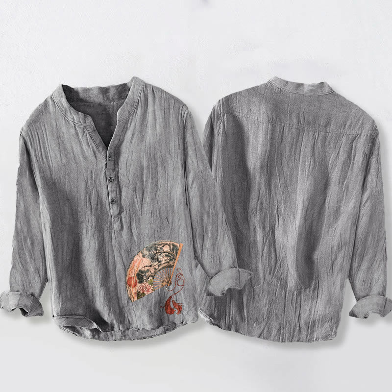 Koszula męska z długim rękawem z bawełny i lnu, z długimi guzikami, z motywem kamieni Buddha Stones, z żurawiem, sosną i piwonią w kolorze czerwonym - image 2