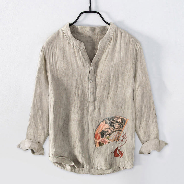 Koszula męska z długim rękawem z bawełny i lnu, z długimi guzikami, z motywem kamieni Buddha Stones, z żurawiem, sosną i piwonią w kolorze czerwonym - Bielizna - US/UK/AU50, EU60 (5XL) - image 3