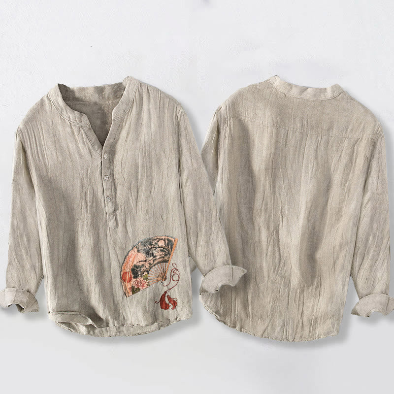 Koszula męska z długim rękawem z bawełny i lnu, z długimi guzikami, z motywem kamieni Buddha Stones, z żurawiem, sosną i piwonią w kolorze czerwonym - image 5