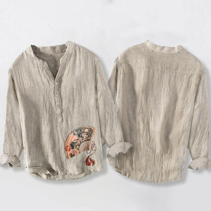 Koszula męska z długim rękawem z bawełny i lnu, z długimi guzikami, z motywem kamieni Buddha Stones, z żurawiem, sosną i piwonią w kolorze czerwonym - image 5