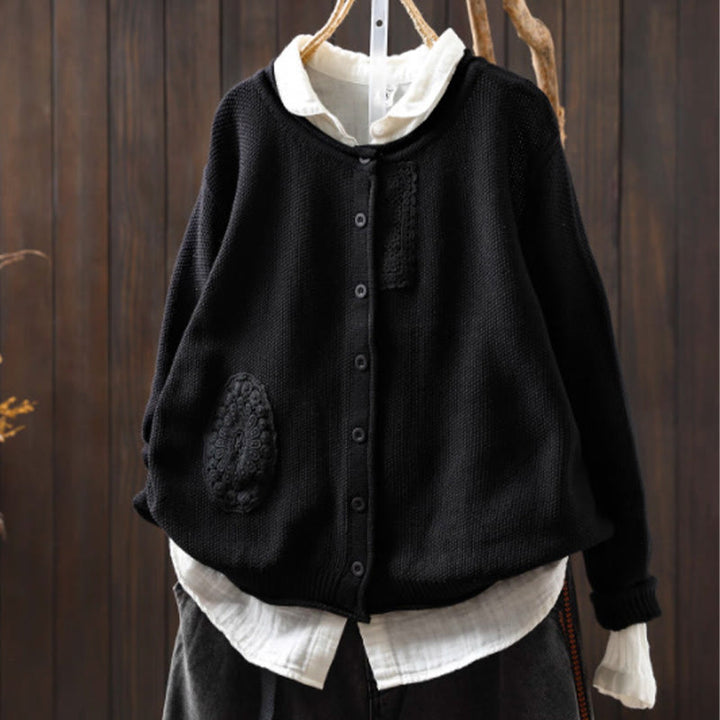 Sweter kardigan z długim rękawem i bawełny z motywem Buddha Stones, z kwiatowymi guzikami i długimi rękawami - Czarny - US4-6, UK/AU8-10, EU36-38 (F) - image 28