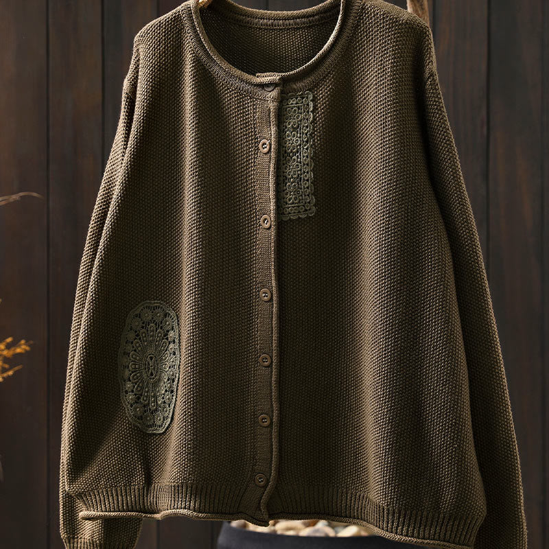 Sweter kardigan z długim rękawem i bawełny z motywem Buddha Stones, z kwiatowymi guzikami i długimi rękawami - image 5