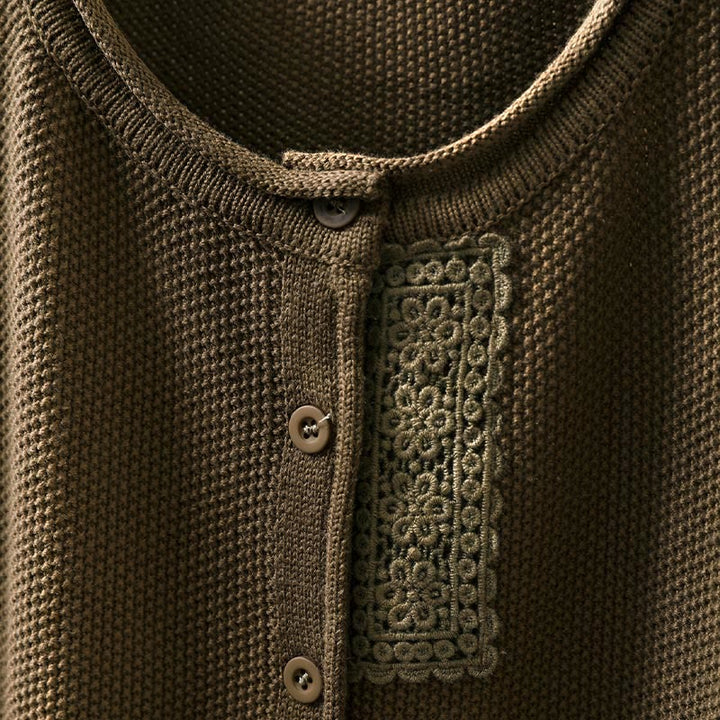 Sweter kardigan z długim rękawem i bawełny z motywem Buddha Stones, z kwiatowymi guzikami i długimi rękawami - image 8