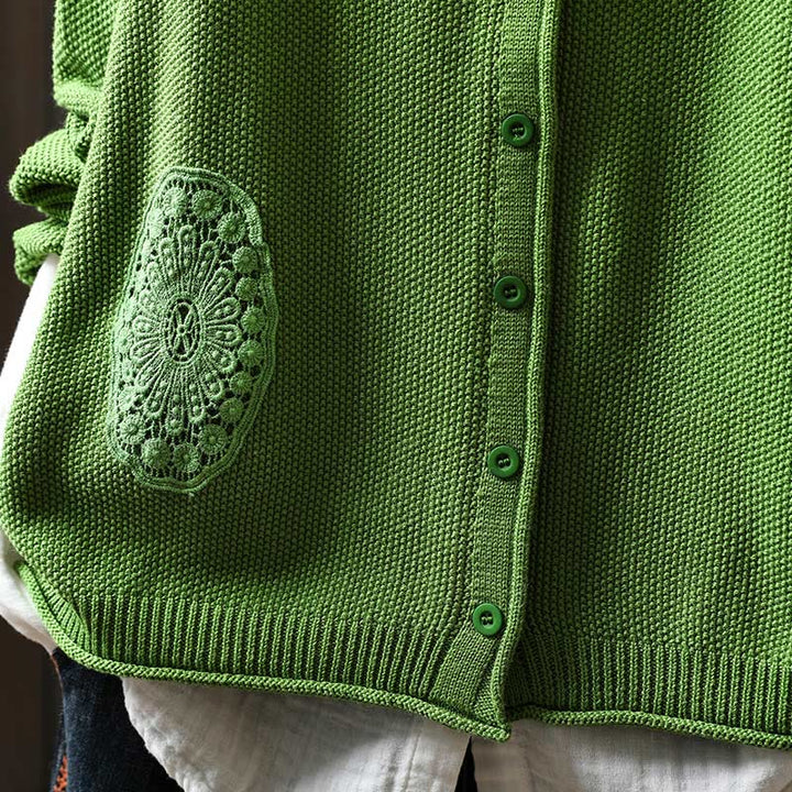 Sweter kardigan z długim rękawem i bawełny z motywem Buddha Stones, z kwiatowymi guzikami i długimi rękawami - image 24