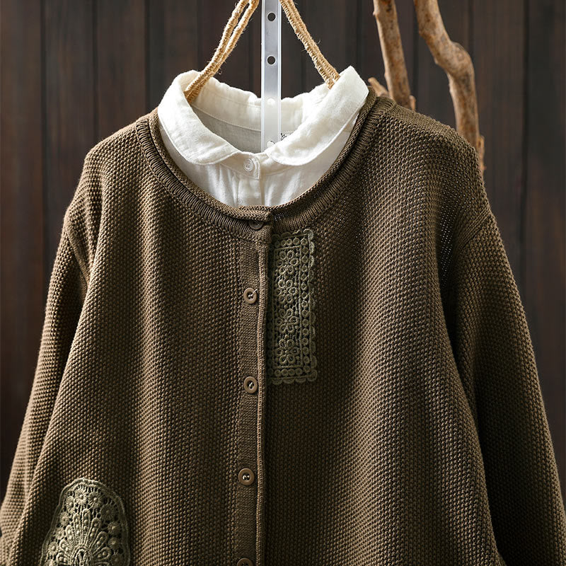 Sweter kardigan z długim rękawem i bawełny z motywem Buddha Stones, z kwiatowymi guzikami i długimi rękawami - image 6