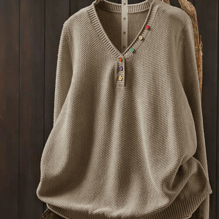 Sweter damski z długim rękawem i dzianiny z bawełny z długimi, kolorowymi guzikami i dekoltem w serek z Buddha Stones - Ciemny Khaki - US4-6, UK/AU8-10, EU36-38 (F) - image 0