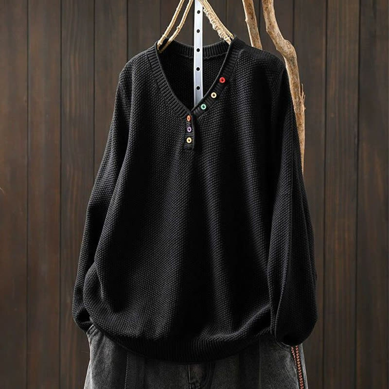 Sweter damski z długim rękawem i dzianiny z bawełny z długimi, kolorowymi guzikami i dekoltem w serek z Buddha Stones - Czarny - US4-6, UK/AU8-10, EU36-38 (F) - image 19