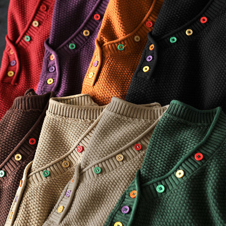 Sweter damski z długim rękawem i dzianiny z bawełny z długimi, kolorowymi guzikami i dekoltem w serek z Buddha Stones - image 21