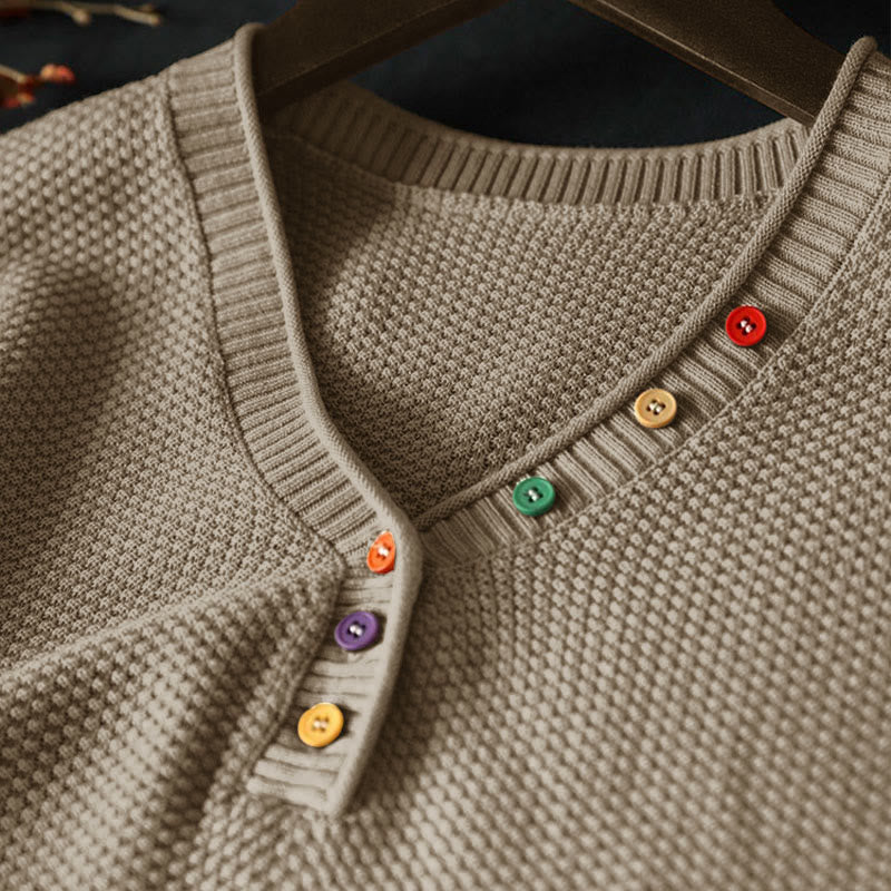 Sweter damski z długim rękawem i dzianiny z bawełny z długimi, kolorowymi guzikami i dekoltem w serek z Buddha Stones - image 3